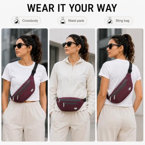 Entchin Water-Resistant Fanny Pack, 4-Zipper Belt Bag - color: Burgundy