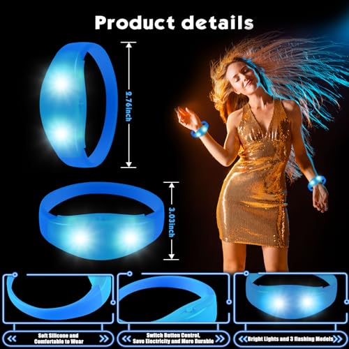 12 Pcs LED Glow Bracelets Sound Activated Flashing Light Up Bracelet for New Years Eve Glow in the Dark Party Supplies Christmas Party Favors Birthday Gift Carnival Concerts Night Events - color: Blue