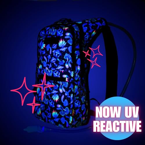 Kandies World Reflective Festival Hydration Pack - 2L Hydropack for Raves, Hiking, Biking, Running, and More (with Anti-Theft Pocket) - style: Mushroom