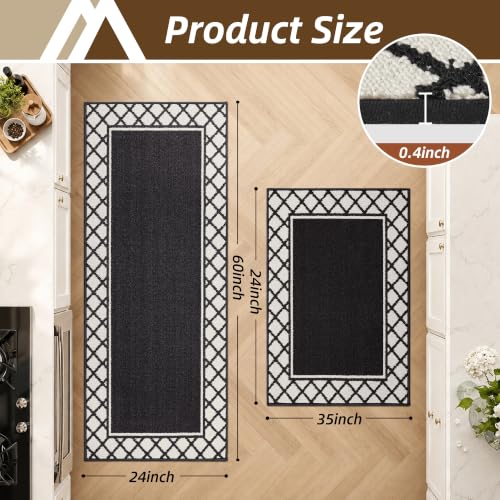 COSY HOMEER Washable Kitchen Rugs Sets of 2 Non-Slip Kitchen Mats,Black - color: Black, size: 24"x35" + 24"x60"