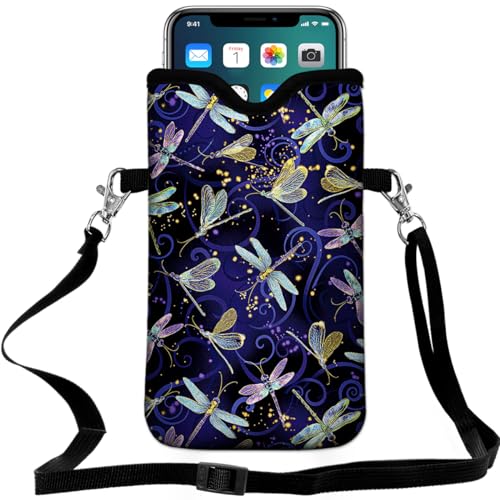 Universal Neoprene Cell Phone Pouch 7.1 X 4 in Mobile Protection Case Bag with Crossbody Strap/Neck Lanyard Dragonfly Printed Pattern - color: Dragonfly Printed Pattern