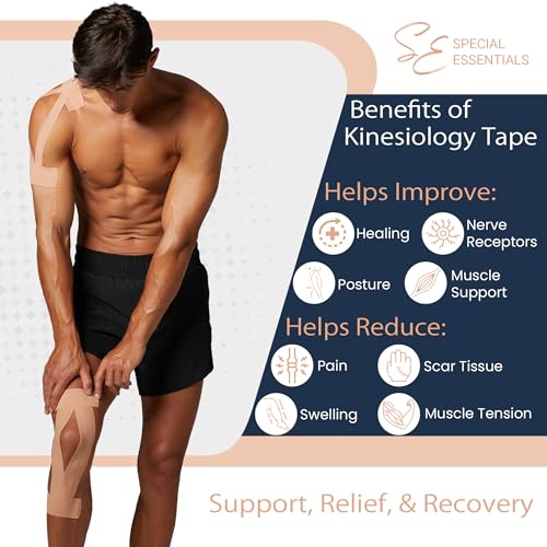 Special Essentials Kinesiology Tape - Premium Cotton Waterproof Sports Tape for Targeted Muscle Support, Pain Relief, & Enhanced Performance 20 Count, 10” Precut & Uncut Strips (Precut, Brown)