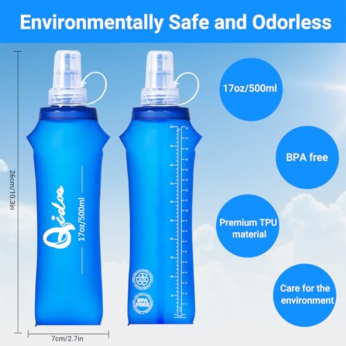 2PCS Soft Water Bottle, 17oz/500ml TPU Collapsible Flask Foldable Bottles for Hydration Pack, BPA-Free Soft Flasks Handheld Soft Flask Running Bottle for Running Hiking Cycling Climbing Traveling