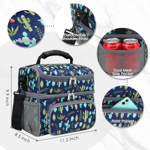 FlowFly Double Layer Cooler Insulated Lunch Bag Adult Lunch Box Large Tote Bag for Men, Women, With Adjustable Strap,Front Pocket and Dual Large Mesh Side Pockets - color: Cactus