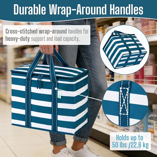 VENO 2 Pack Insulated Grocery Bags, Hard Bottom, Classic Navy Stripe - color: Classic Navy Stripe, size: 15.7"W x 12.6"H x 8.7"D - 2 Pack