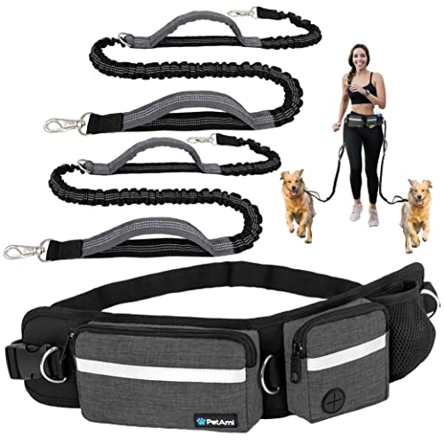 PetAmi Hands Free Dog Leash with Waist Running Belt Bag, Double (Charcoal) - color: Charcoal Grey, size: 2 Leashes