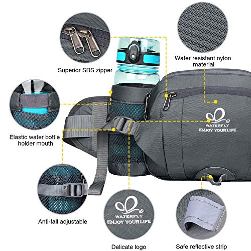 WATERFLY Fanny Pack Waist Bag: Fannie Pack 2 Water Bottle Holders Lumbar Belt Hiking Walking Running Jogging Camping Large Woman Man (Bottle Not Included) - color: Gray