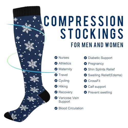 Snowflake Red Christmas Compression Sock for Women Men Funny Support Knee High Socks Running,Nurses,Travel - color: Blue Snowflake