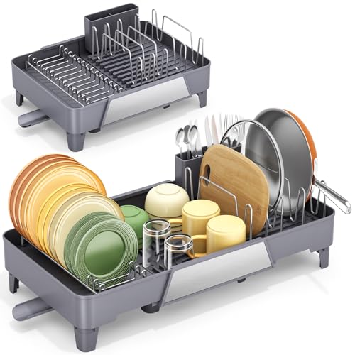 Urackify Large Dish Drying Rack, Expandable Dish Drainer, Gray