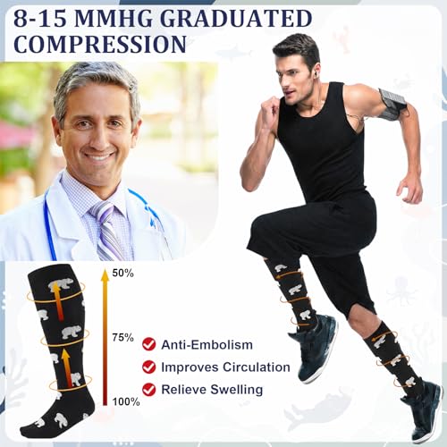 Shyyween 12 Pairs Men Knee High Compression Socks - size: Large, style: Cute Animals