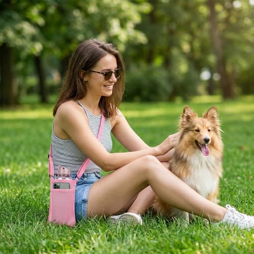 Larrel Water Bottle Holder with Strap, 2 Pcs Lightweight Mesh Water Bottle Bag Crossbody, Bottles Holder Strap with Pocket for Hiking Walking Cycling Gym Beach Travelling(Black, Pink)