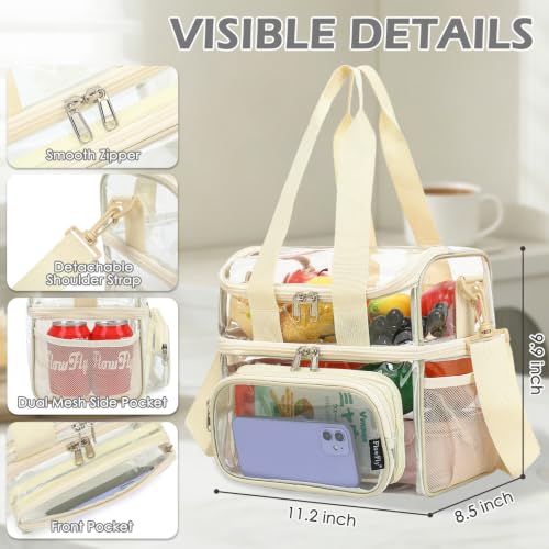 FlowFly Double Layer Cooler Insulated Lunch Bag Adult Lunch Box Large Tote Bag for Men, Women, With Adjustable Strap,Front Pocket and Dual Large Mesh Side Pockets - color: Clear#Biege