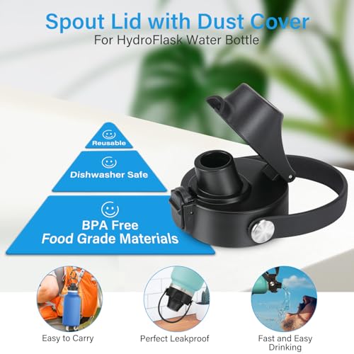 Auto Spout Lid for HydroFlask Wide Mouth Sport Water Bottles, Replacement Lid for Hydro Flask Wide Mouth 12, 16, 18, 32, 40, 64oz, Chug Lid with Flexible Handle, Button Lock, Black - color: Black