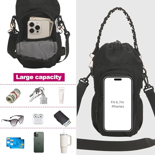 Wongeto Water Bottle Holder with Strap,25oz/40oz/64oz Water Bottle Carrier Sling Bag with Phone Pocket Crossbody Adjustable Shoulder with Hand Strap for Walking - color: Black