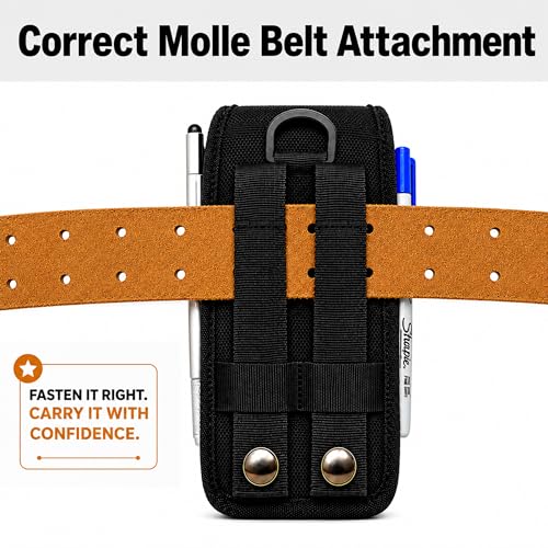 Perilogics Tactical MOLLE Phone Holster for Men, EDC Cell Phone Pouch with Belt Clip, Durable Nylon Belt Phone Holder Fits iPhone 17/16/15/14 Pro Max, Samsung S25/S24 Ultra with Rugged Case - color: Black-Molle