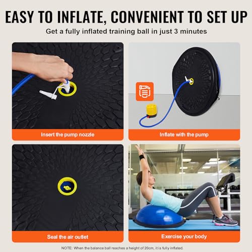 VEVOR Half Exercise Ball Trainer, 23/26 inch Balance Ball Trainer, 1500lbs Capacity Stability Ball, Yoga Ball with Resistance Bands & Foot Pump, Strength Fitness Ball for Home Gym Full Body Workout - color: 26" Ripple Blue