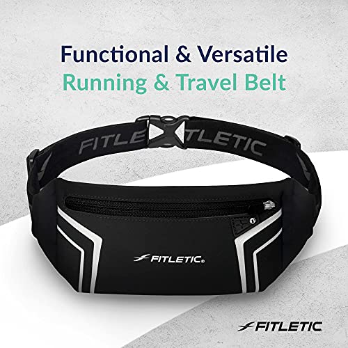 Fitletic Modern Sports Running Belt For Men & Women – Water Resistant Pouch - Fits All Smart Phones- Lightweight, Low Profile Design –Lycra Coated With Inner Card Organizer Pocket - color: Black