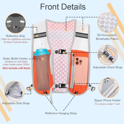 Running Vest Hydration Backpack for Men Women, Lightweight Breathable Hydration Packs, Adjustable Chest Straps Daypack, Reflective Water Running Vest for Marathon, Trail, Hiking, Cycling - color: Orange