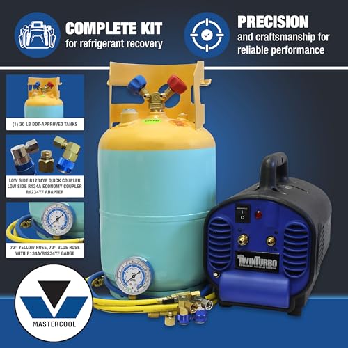Mastercool 69400-CON Refrigerant Recovery Machine – Removes Contaminated R134a & R1234yf, Spark-Free Design, 30 lb DOT Tank