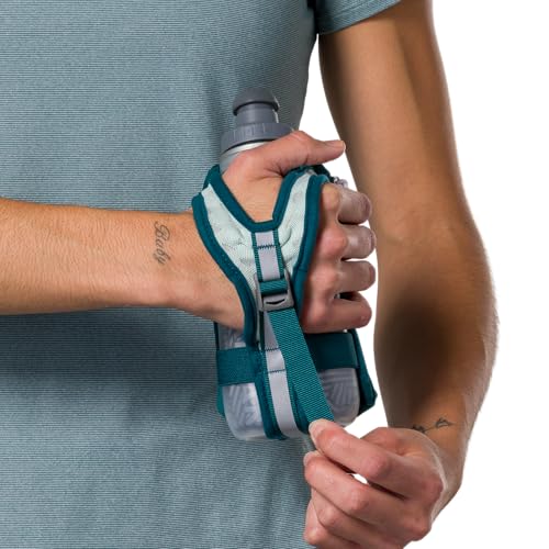 Nathan SpeedDraw 2 Insulated Handheld Running Water Bottle Flask – Double-Wall Insulation, Ergonomic Grip, Blast Valve Cap, Phone & Key Storage Pockets, Reflective Design, 12oz Insulated - Deep Teal - color: 12oz Insulated - Deep Teal