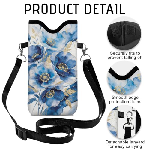 GLOBLELAND Blue Poppy Cell Phone Sleeve Pouch Case Bag 7.1×3.9 inch Blue Flowers Shockproof Universal Phone Bag with Crossbody Strap Neck Lanyard for Women Men Phone Headphones Watch - color: Blue Poppy