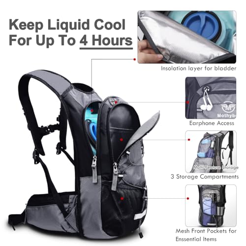 Mothybot Insulated Hydration Backpack Pack with 3L BPA Free Leak Proof Water Bladder, Large Storage Lightweight Hiking Daypack with Waist Pouches & Cooler Layer, for Running, Biking, Camping, Festival - color: Grey