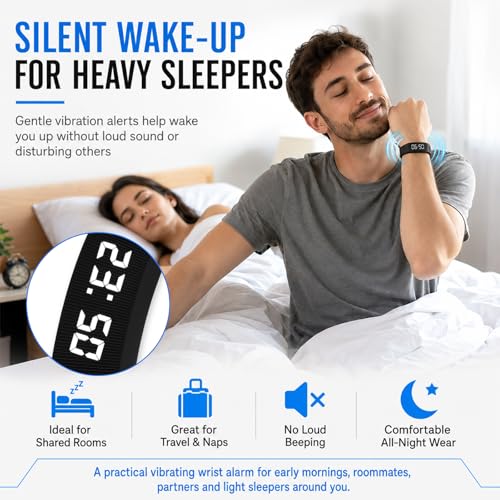 Vibrating Alarm Wristband Clock Smart Watch Bracelets for Mens Digital Heavy Sleepers Fit Wrist Womens Tracker Vibro Vibration Silent Small Distance Teens Shock Despertador Band Alert - color: Black Wristband + Blue Replacement Band
