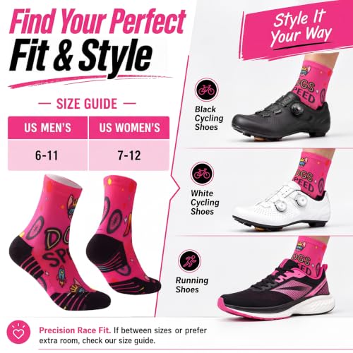 NIcool Cycling Socks For Men, 1/3 Pairs Bright Seamless Compression Running Crew Socks Youth Cushioned Tennis Quarter Socks - color: 1 Pair Hot Pink/Bike Print