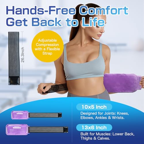 Ice Packs for Injuries Reusable 2-Pack Hot Cold Gel Pack with Strap Medium - color: Purple, size: Medium 10 x 5 Inch