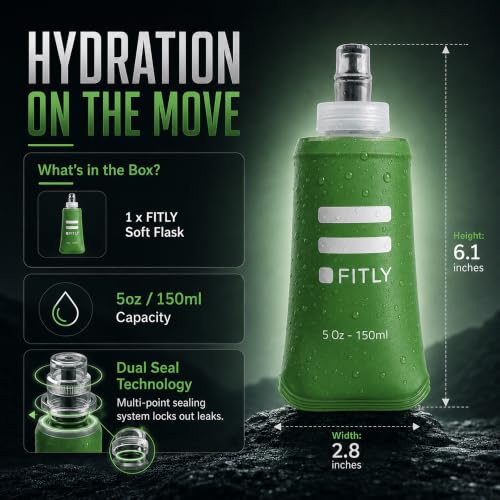 FITLY Soft Flask Running Water Bottle - Collapsible Hydration Flask - color: Forest Green, size: 5 Ounces