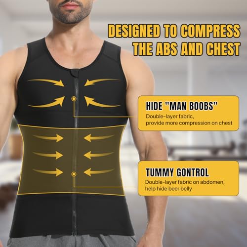 Mens Compression Shirt Zipper, Gynecomastia Tummy Control Vest, Back Support Shapewear Slimming Undershirt - color: Black, size: 3X-Large