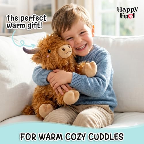 Highland Cow Microwavable Stuffed Animal – 1.5 lb Unscented Heating Pad Plush, Soft Cozy Cute Cow Toy for Relaxation and Comfort, Gift for Women, Girls, Adults & Kids by Happy Fuel - color: Brown Highland Cow (Lying Down)