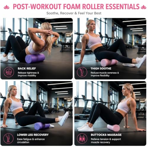 2 Pcs High-Density Epp Foam Roller 12"x6", Portable Round Roller with 2 Carry Bags for Pilates, Yoga, Muscle Recovery Set for Physical Recovery, Stretching, Legs, Back, Pink & Purple Roll