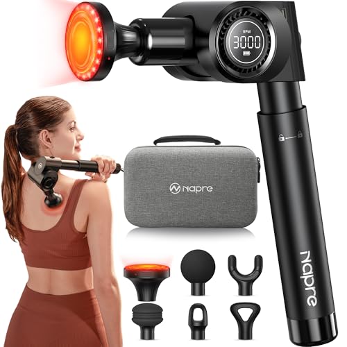 NAPRE Massage Gun with Heat,Deep Tissue Handheld Percussion Back Massager for Muscle/Neck/Body Pain Relief with Long Extension Retractable Handle,32-Speeds,Foldable,5 Adjustable Angles,with Carry Case - color: Classic Black