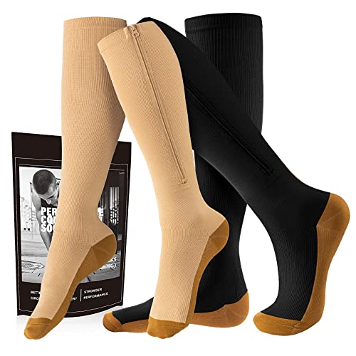 cerpite Zipper Compression Socks, 2 Pairs 15-20 mmHg Closed Toe Compression Stockings for Men Women - color: Beige Black Copper, size: Small-Medium