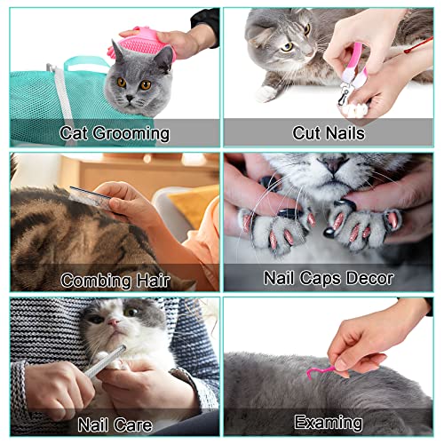 JULMELON 10 PCS Cat Washing Bag for Bath Shower Adjustable Net Grooming Set - color: Pink+Green