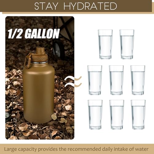DEFUNX Half Gallon Water Bottle with Sleeve - 64 Oz Insulated Water Jug with Handle - Green Stainless Steel Sports Water Bottle for Gym Workout Hiking Tactical Bottle Holder with Pouch Khaki - color: Brown Bottle with Coyote Brown Sleeve, style: 64 Oz Wat