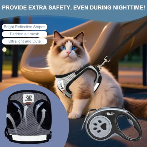 Cat Harness and Leash Escape Proof, Adjustable Kitten Harness and Leash Set for Cats Walking, Step-in Soft Breathable Mesh Vest with Reflective Strips, Lightweight Retractable Dog Leashes 16 Ft - color: Gray Black Harness+Leash, size: Harness-S