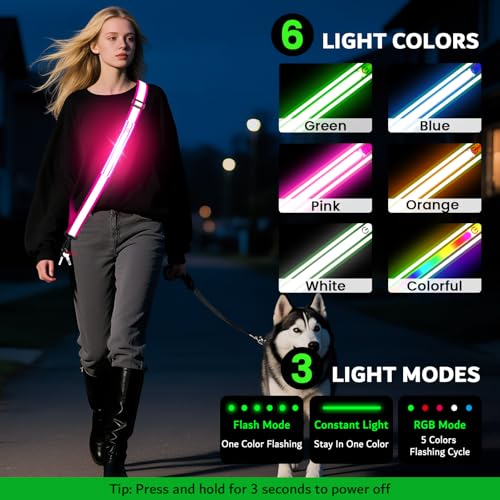 LED Belt Reflective Sash for Walking at Night, High Visibility Reflective Running Gear Night Walking Safety Gear LED Light Up Running Belt Reflective Gear for Runners Walkers Men Women - color: Pink