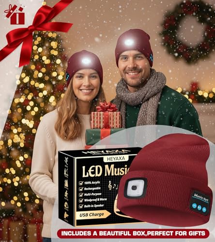 HEYAXA Bluetooth Beanie Hat, USB Rechargeable 4 LED Wireless Music Running Headlamp Cap, Dad Gifts for Husband, Dad, Birthday Gifts for Men, Dad, Father, Women, Him, Her, Red - color: Red