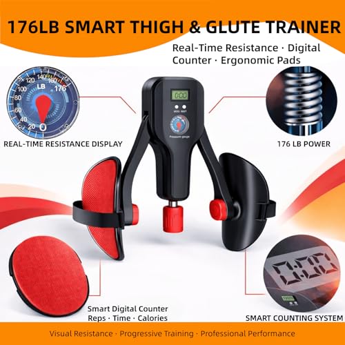 Thigh Trainer for Women & Men, 176LB Adjustable Pelvic Floor Exercise Equipment with LED Display Counter and Resistance Indicator, Inner Thigh Exerciser for Home Gym, Glutes, Legs & ARMS
