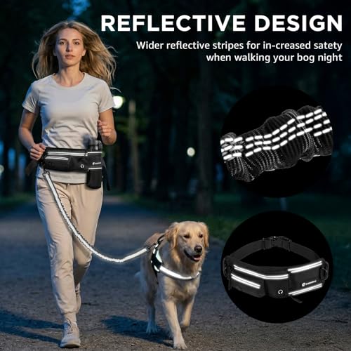 Hands Free Dog Leash with Waist Pack Bungee for Running Black - color: Black