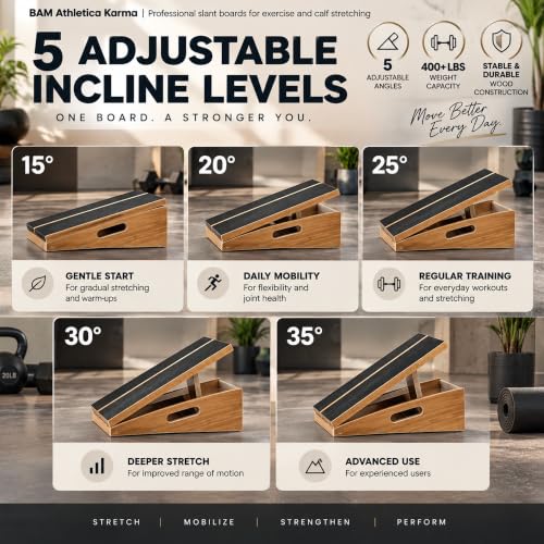BAM Athletica Slant Boards for Exercise – Adjustable Wooden Calf Stretcher Incline Board for Calf Stretching, Squats, Physical Therapy, Plantar Fasciitis, Knee, Foot & Ankle Rehab, Velour Slant Board - color: Premium Slant Board | Large Full Coverage