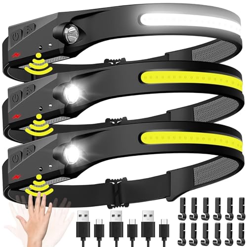 Headlamp Rechargeable 3PCS, 230° Wide Beam Head Lamp LED with Motion Sensor for Adults - Camping Accessories Gear, Waterproof Head Light Flashlight for Hiking, Running, Repairing, Fishing, Cycling - size: 3 Pack