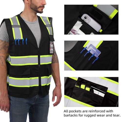 Dib Safety Reflective Safety Vest for Men Women with Pockets, Black M - color: Black, size: Medium