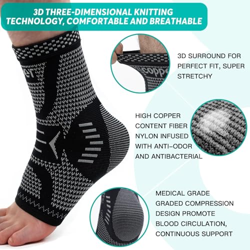 INDEEMAX Copper Ankle Brace Ankle Compression Sleeve Support Ankle Brace for Women & Men, Achilles Tendonitis Brace, Plantar Fasciitis, Sports, Silver Black, XL - color: Silver Black 2 Pack, size: X-Large