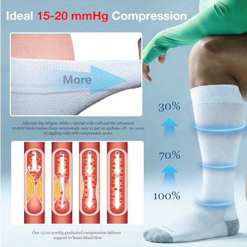 LEVSOX Bamboo Viscose Wide Calf Compression Socks 20-30 mmHg with Cushioned - color: Grey/White, size: Medium