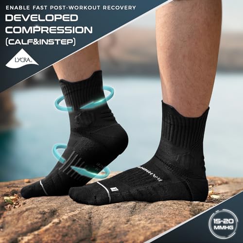 Rahhint CoolMax Quarter Compression Running Socks for Men Women, Wicking Cushion Athletic Hiking Socks 3 Pairs - color: Black, size: 6-9