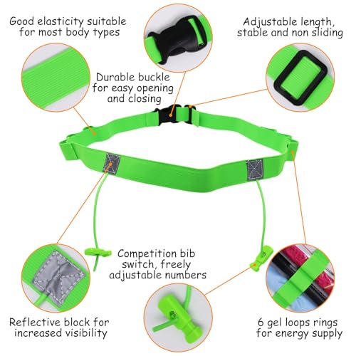 2Pcs Race Number Belt Triathlon Race Belt Running Bib Belts with 6 Energy Gel Loops for Triathalon Marathon Running and Cycling (Black/Green) - color: Black&green