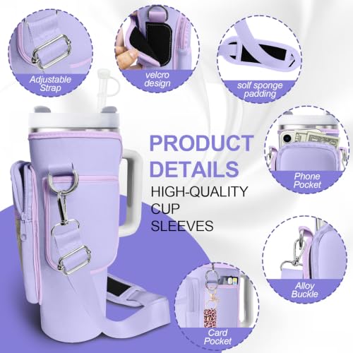 Water Bottle Carrier Bag for Stanley Cup 40oz/30oz with Phone Pocket, Neoprene Water Bottle Holder with Adjustable Shoulder & Handle Strap, Stanley Cup Accessories for Walking Travel Gym - color: Purple